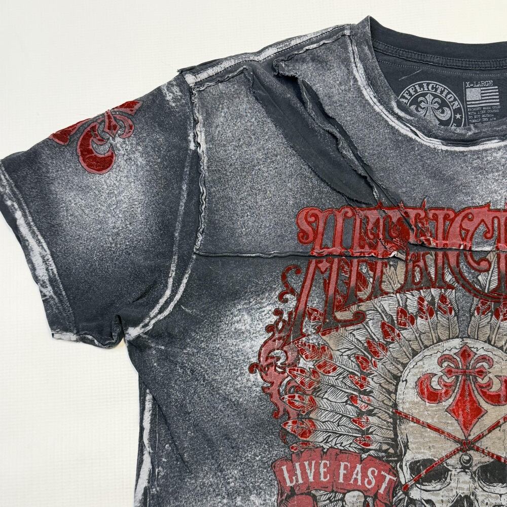 Affliction Shirt Mens XL Gray Live Fast Born Free Skull Graphic Biker Tee - Picture 6 of 10